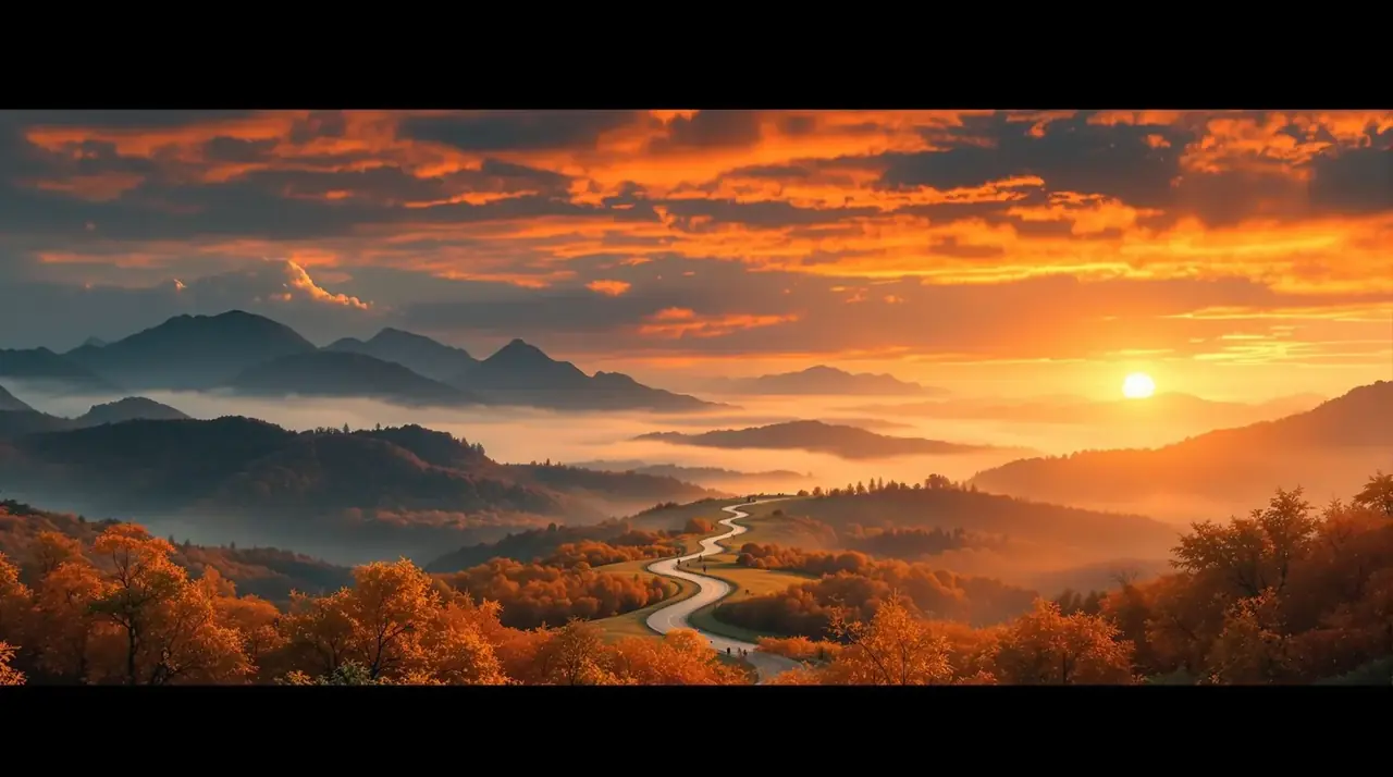 在线视频主题场景:秋日霞光下的枫林与远山电影剧照